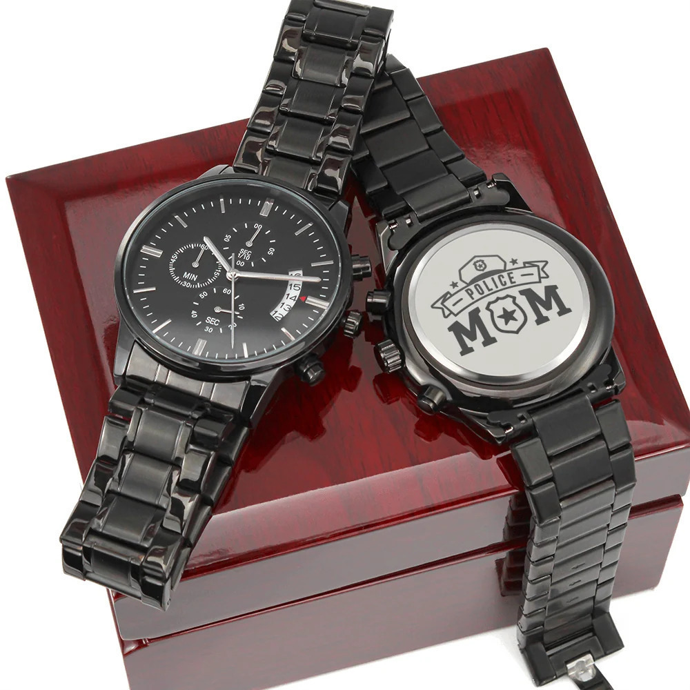 Police Mom  Engraved Stainless Steel Watch Inspirational Message Luxury  Box